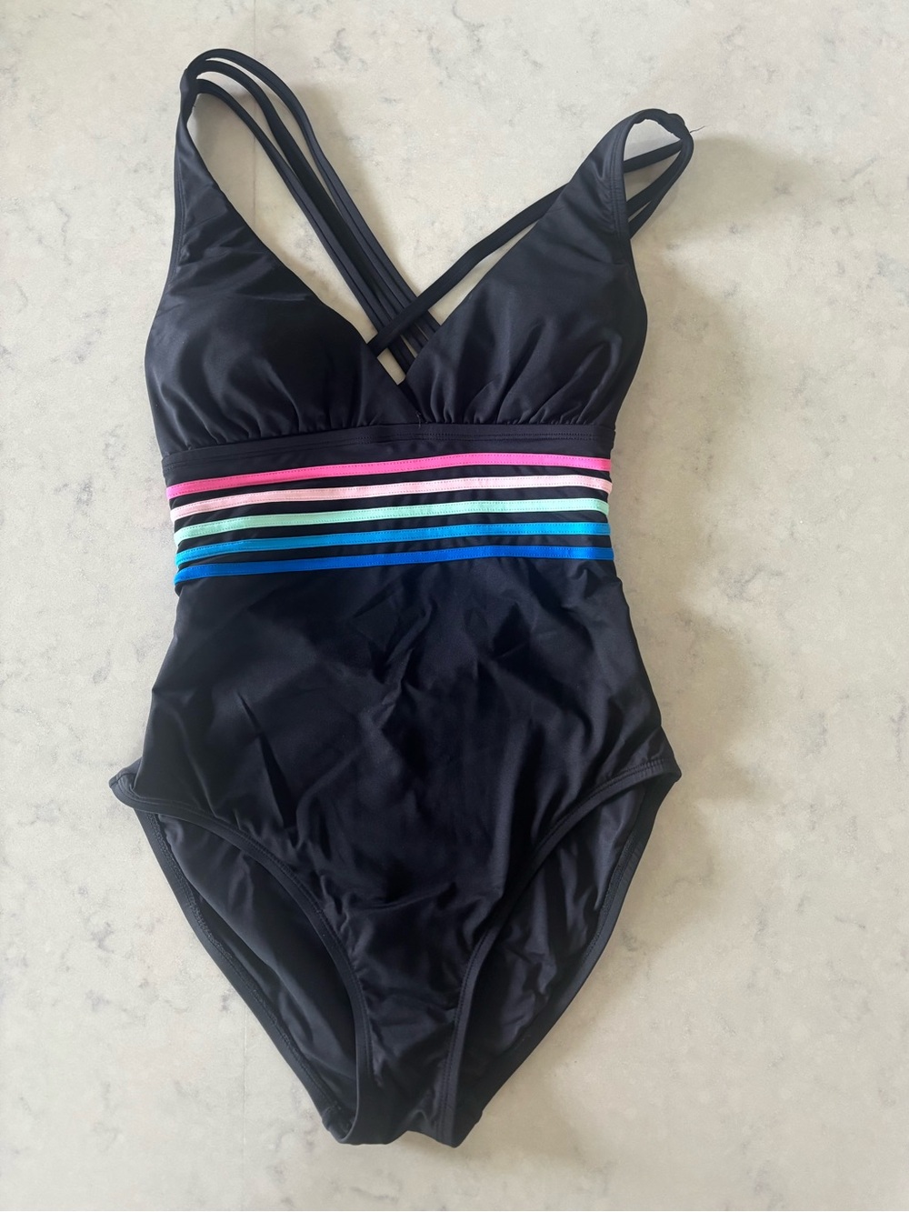 Black One-Piece Swimsuit with Rainbow Waist Stripes